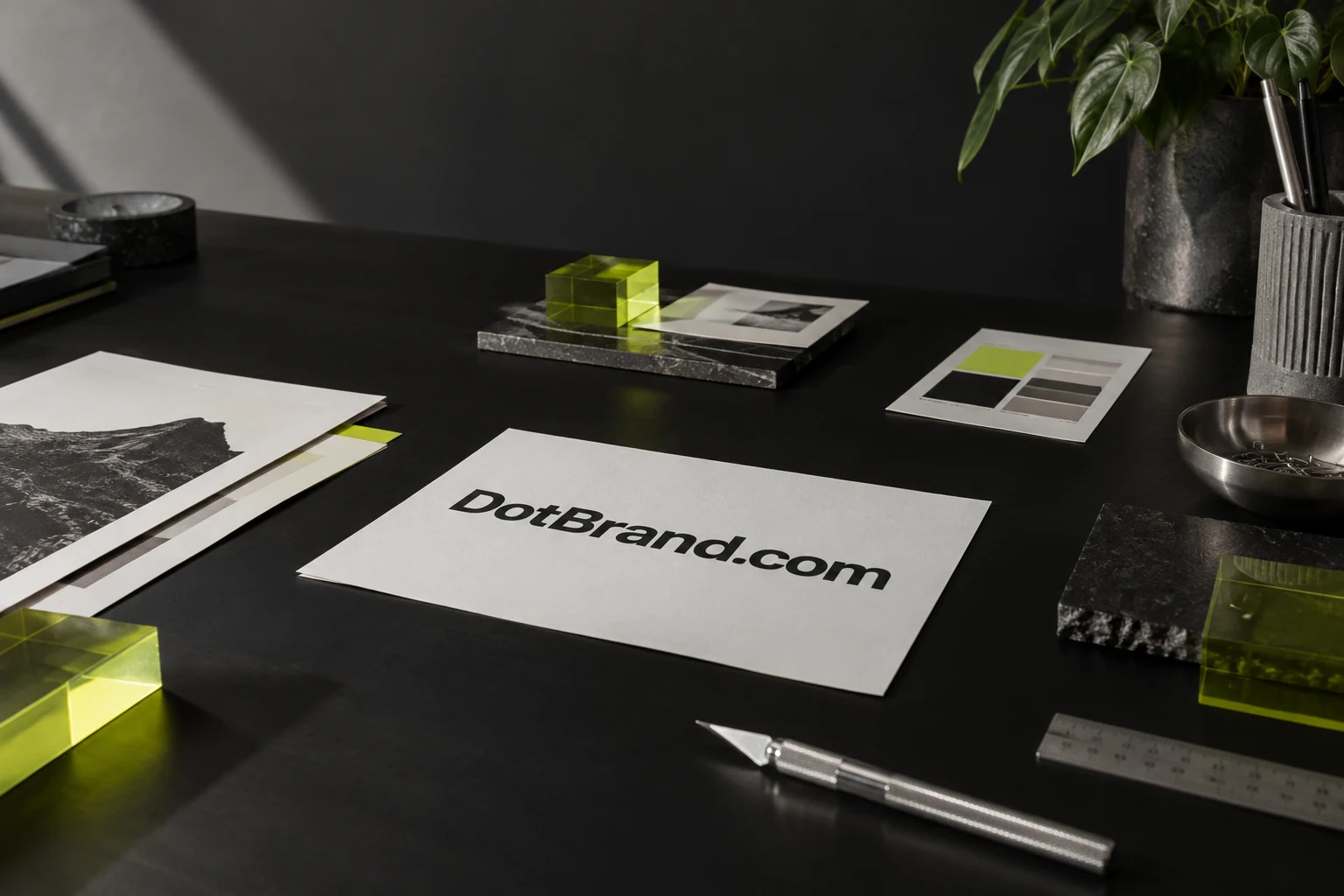 Black and lime identity workshop with DotBrand.com printed on a paper proof