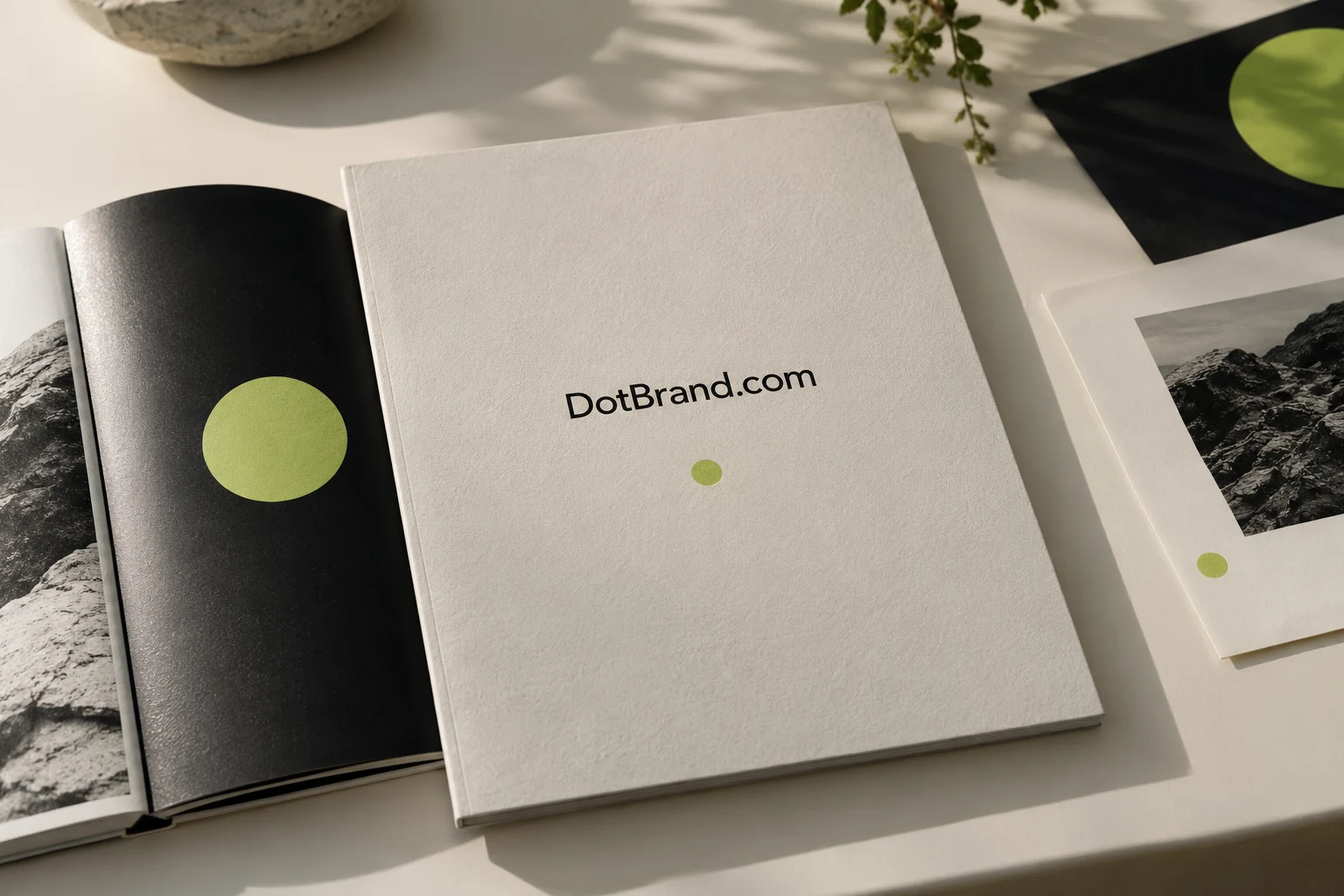 Brand identity planning papers with DotBrand.com lettering